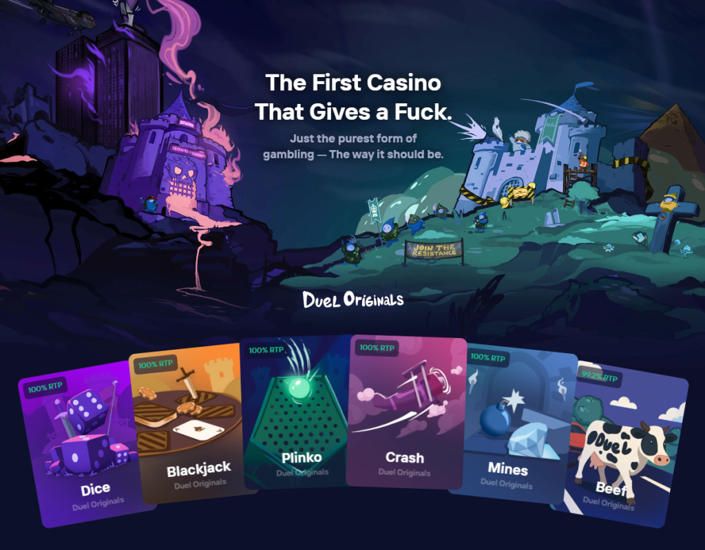Duel Originals – saját fejlesztésű játékok: Dice, Blackjack, Plinko, Crash, Mines és Beef