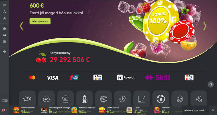 Fresh kaszinó főoldal – bónusz banner, főnyeremény, fizetési módok és játékkategóriák