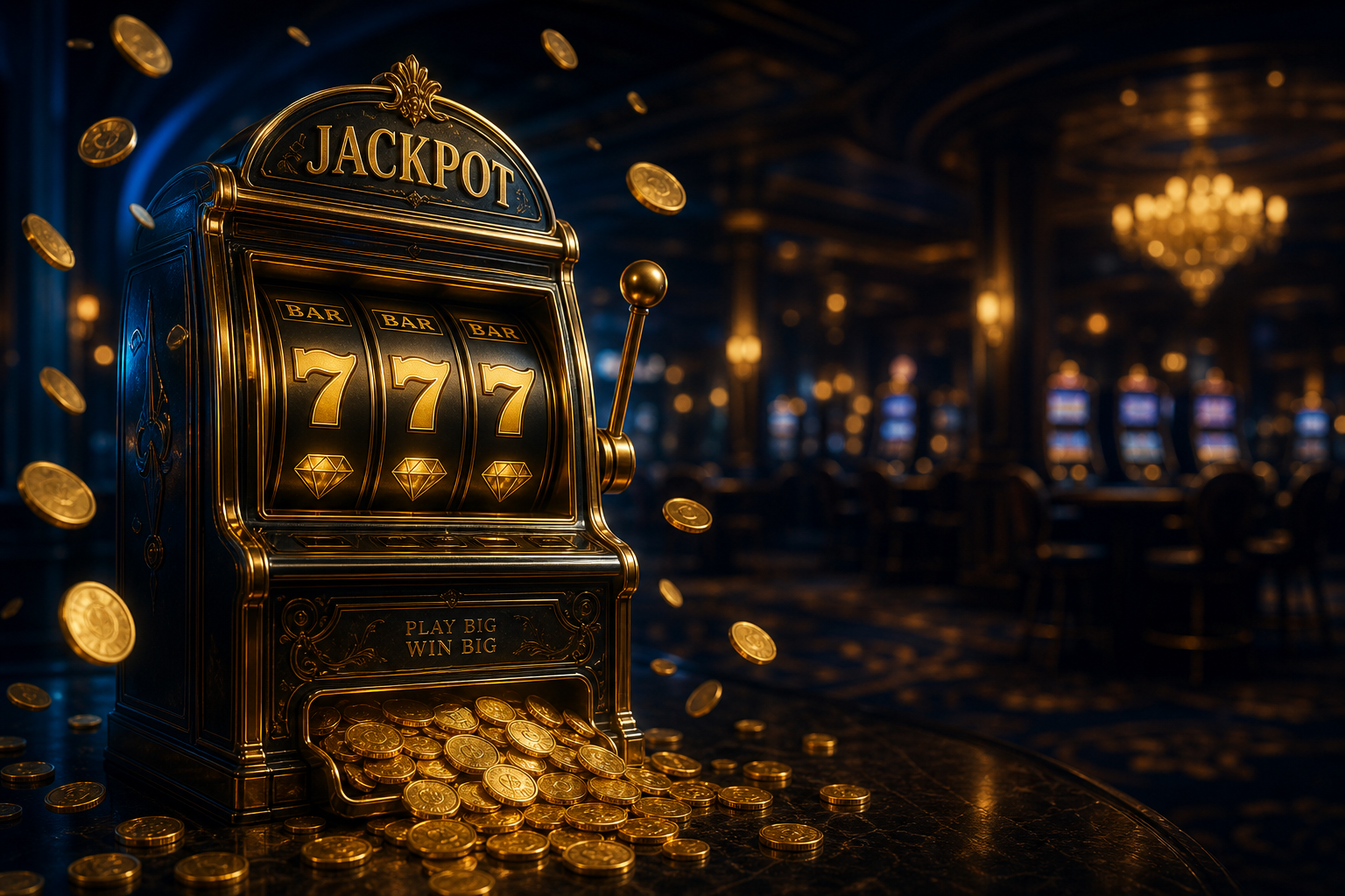 Arany fényben ragyogó jackpot nyerőgép érmékkel, elegáns kaszinó hangulatban