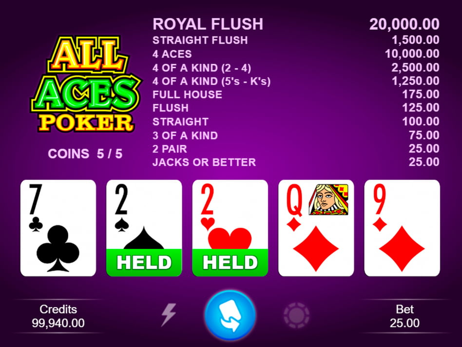 All Aces Poker osztó képernyő két kettőssel tartva és az ötérméses fizetési táblával láthatóan